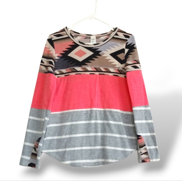 7th Ray Sweaters - 7th Ray Pink Tribal Knit Crew Neck Sweater Lightweight Soft Dopamine Western SM